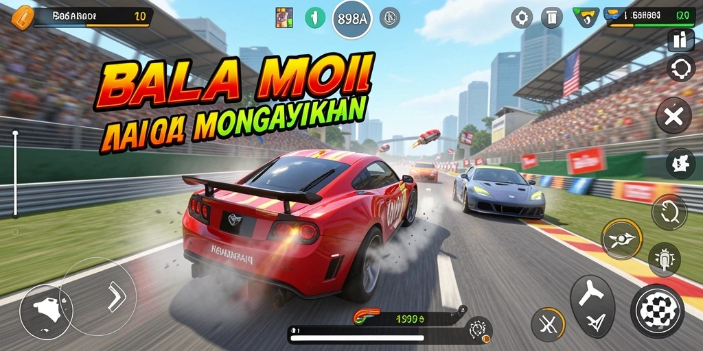 Screenshot utama menunjukkan aksi balap mobil yang mendebarkan.