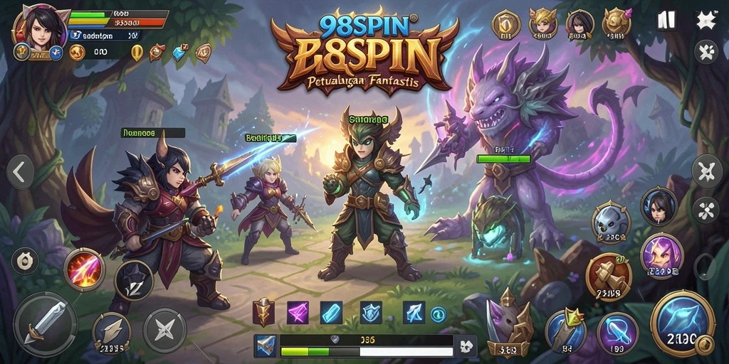 Screenshot gameplay RPG 98SPIN yang menunjukkan aksi karakter dalam pertempuran.