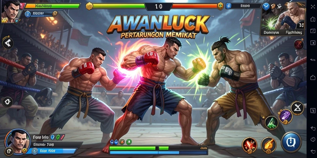 Screenshot gameplay <strong>AWANLUCK</strong> menampilkan pertarungan seru antara dua karakter.