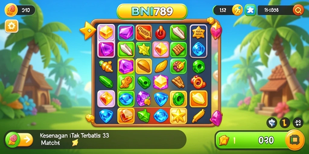 Gameplay seru BNI789 dengan permata berwarna-warni dan tantangan Match-3.