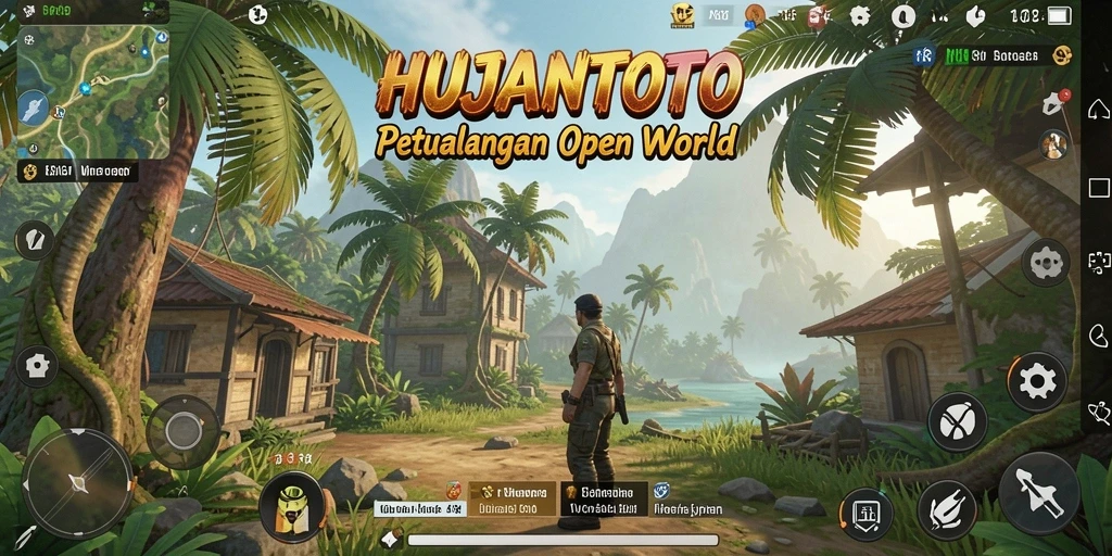 Tampilan screenshot HUJANTOTO dengan aksi eksplorasi di dunia Open World.