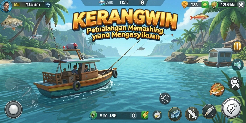 Tampilan gameplay KERANGWIN dengan aksi memancing seru di laut.