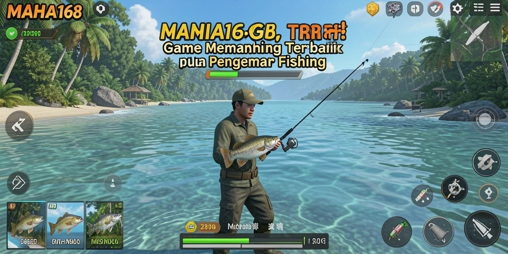 Tampilan gameplay MAHA168 yang menampilkan momen menangkap ikan.