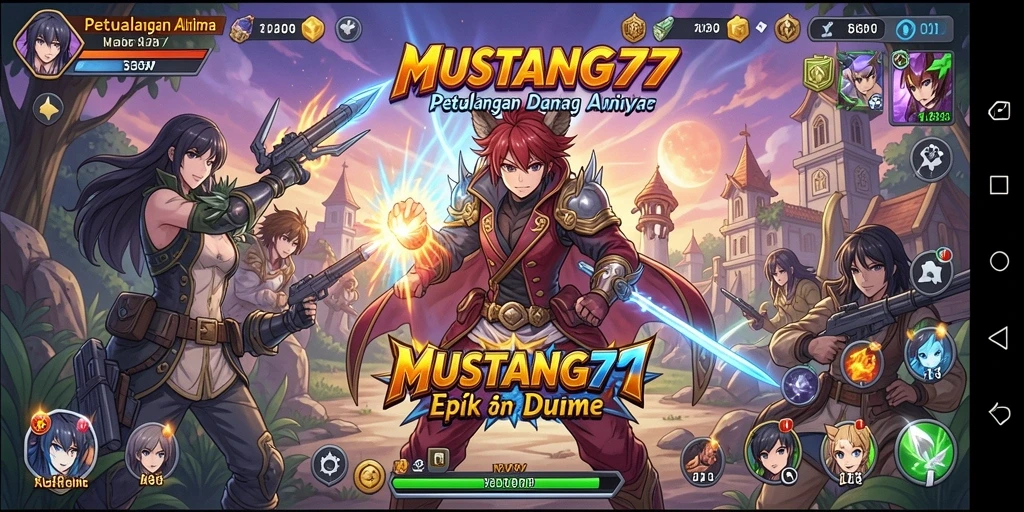 Tampilan gameplay MUSTANG77 yang penuh aksi dan karakter anime.