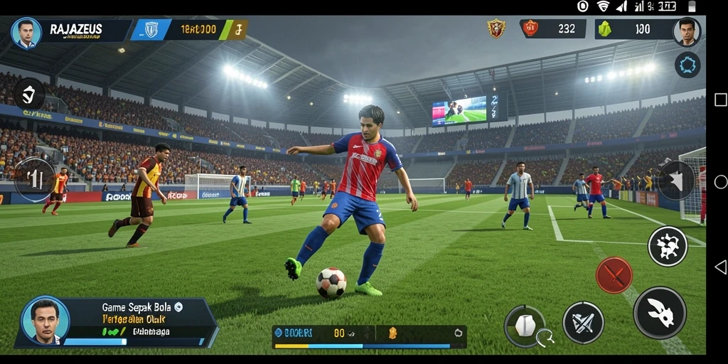 Tampilan gameplay seru dalam RAJAZEUS dengan aksi sepak bola yang mendebarkan.