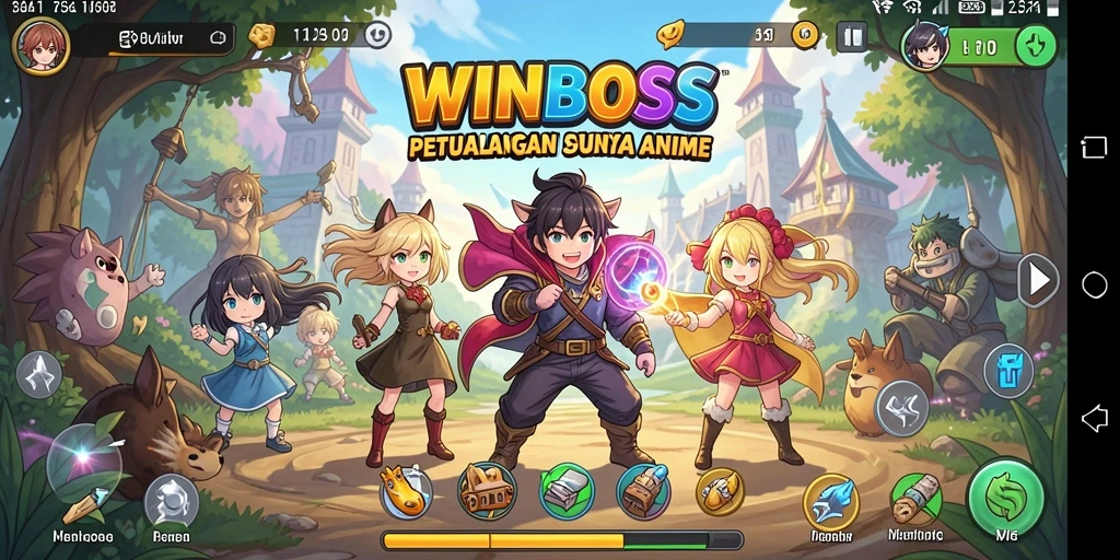 Screenshot gameplay WINBOSS menampilkan aksi karakter anime yang seru.