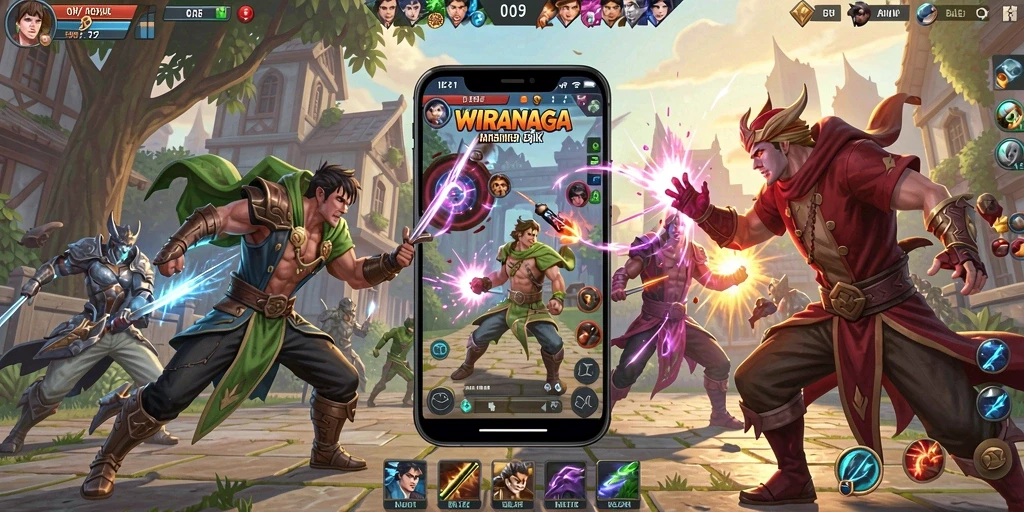 Tangkapan layar utama WIRANAGA menampilkan aksi pertarungan seru dalam arena MOBA.