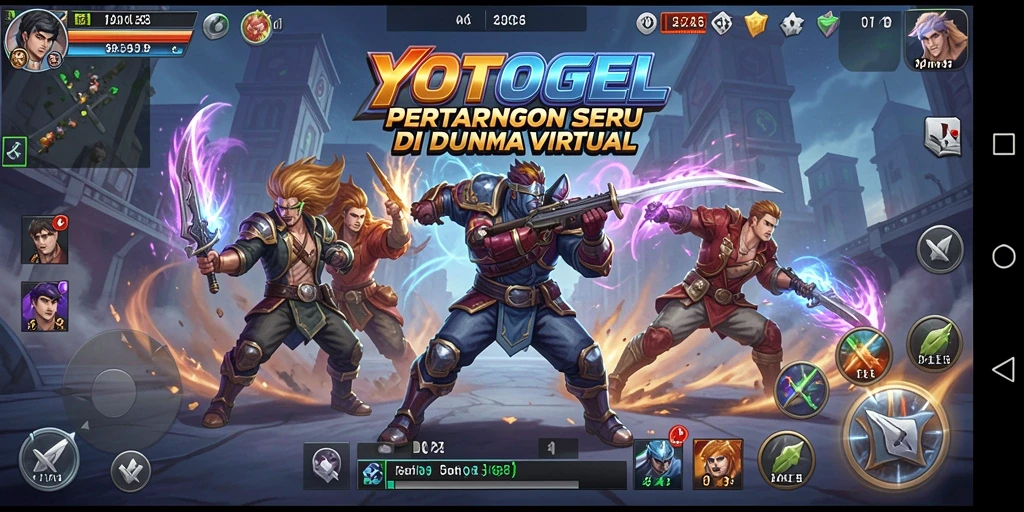 Tampilan gameplay YOTOGEL dengan karakter bertarung di arena yang dinamis.